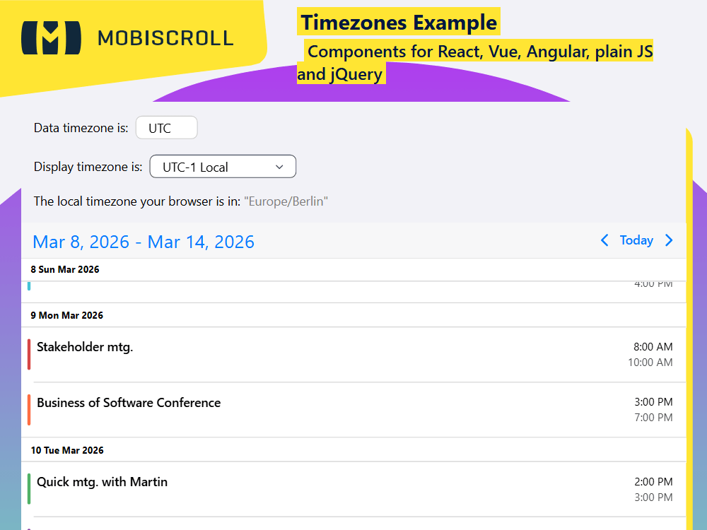 Manage and display events across time zones with the Agenda. Set, convert, and sync schedules for teams working globally.