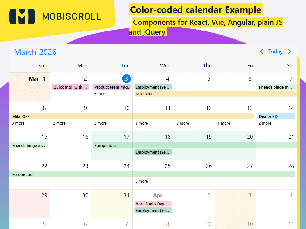 Use your Calendar with colored cells and dynamic backgrounds. Highlight key dates and patterns using data-driven color styling.
