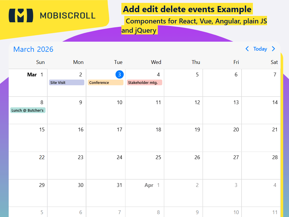 Manage events in the Calendar with add, edit, and delete actions. Use drag & drop, color coding, and custom dialogs for full control.