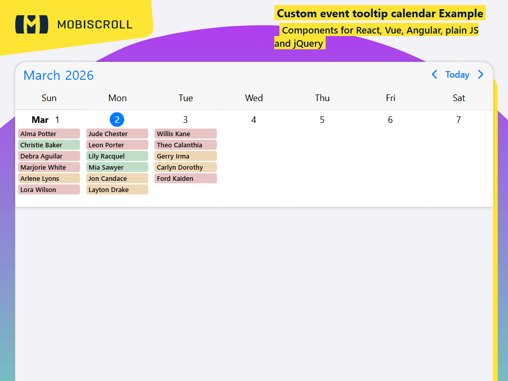 Display custom event details on hover in the Calendar. Add tooltips with information and quick actions for a seamless user experience.