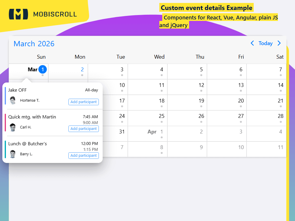 Add participant details to events in your Calendar popover. Customize how info appears and let users add or edit attendees easily.