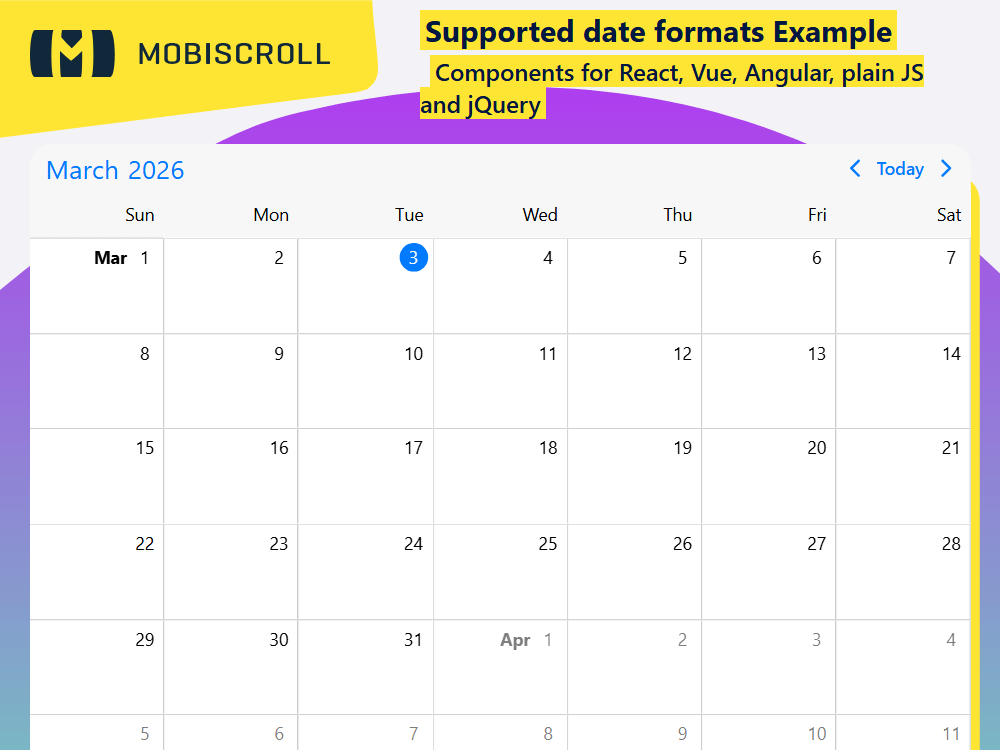 The Calendar supports multiple date formats, including JS Date objects, ISO 8601 strings, and Moment.js for flexible event parsing.