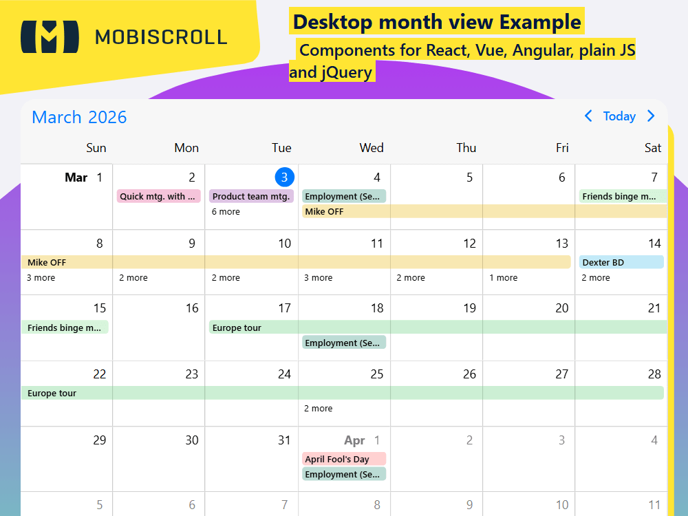 Mobile month-view calendar using. Full-width responsive grid with optional day-by-day agenda below, configurable via view options.