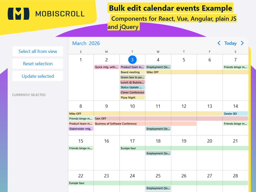 Manage multiple events at once in the Calendar. Select, edit, or delete several items together using bulk actions.
