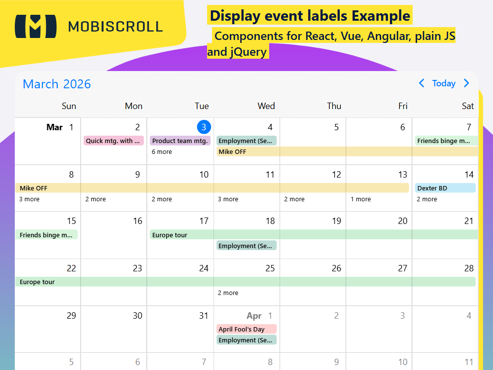 Display event labels in the EventCalendar, showing labels per day, supporting multi-day events, and moving overflow into popover.