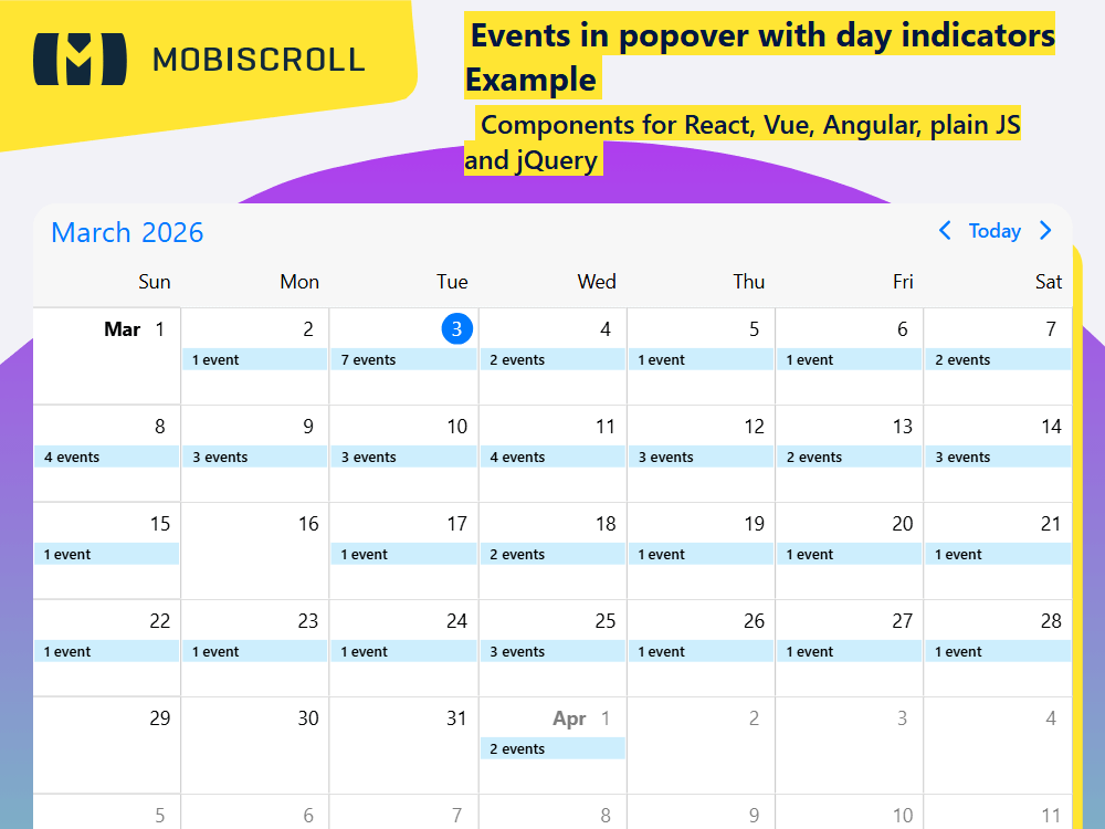Display events in a popover in Calendar, showing day indicators or counts and opening a list when events are hidden or overflow.