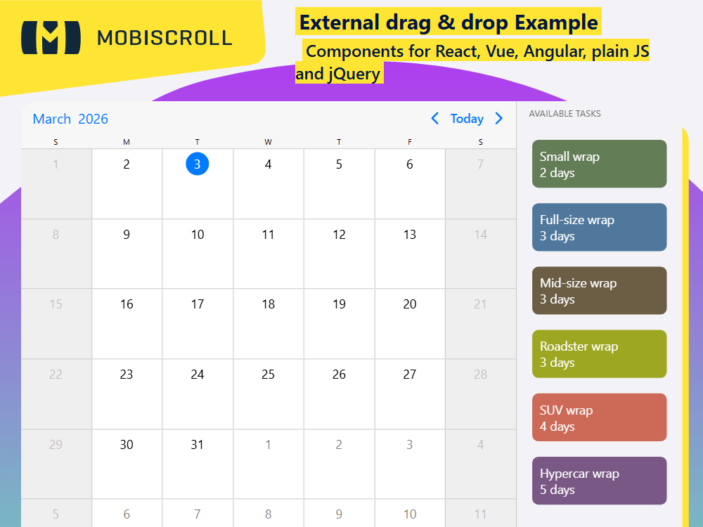 Create events by dragging predefined tasks from an external list into the Calendar. Add jobs or templates visually for faster scheduling.