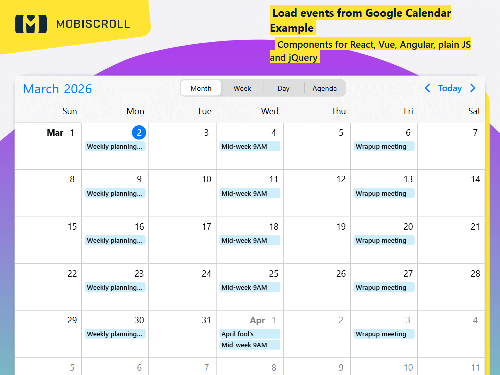 Load events from a public Google Calendar into the Calendar. Fetch data from a shared calendar feed and display events on your website.