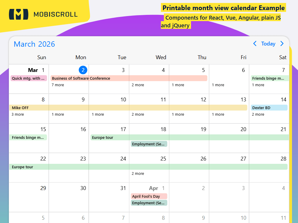 Build a month-view calendar optimized for printing,with dedicated styling and PDF export. Print as a standalone calendar or embed it in your pages.