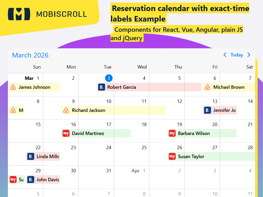 Build a booking calendar with exact-time labels, multi-source reservations and customizable label content for clear scheduling.
