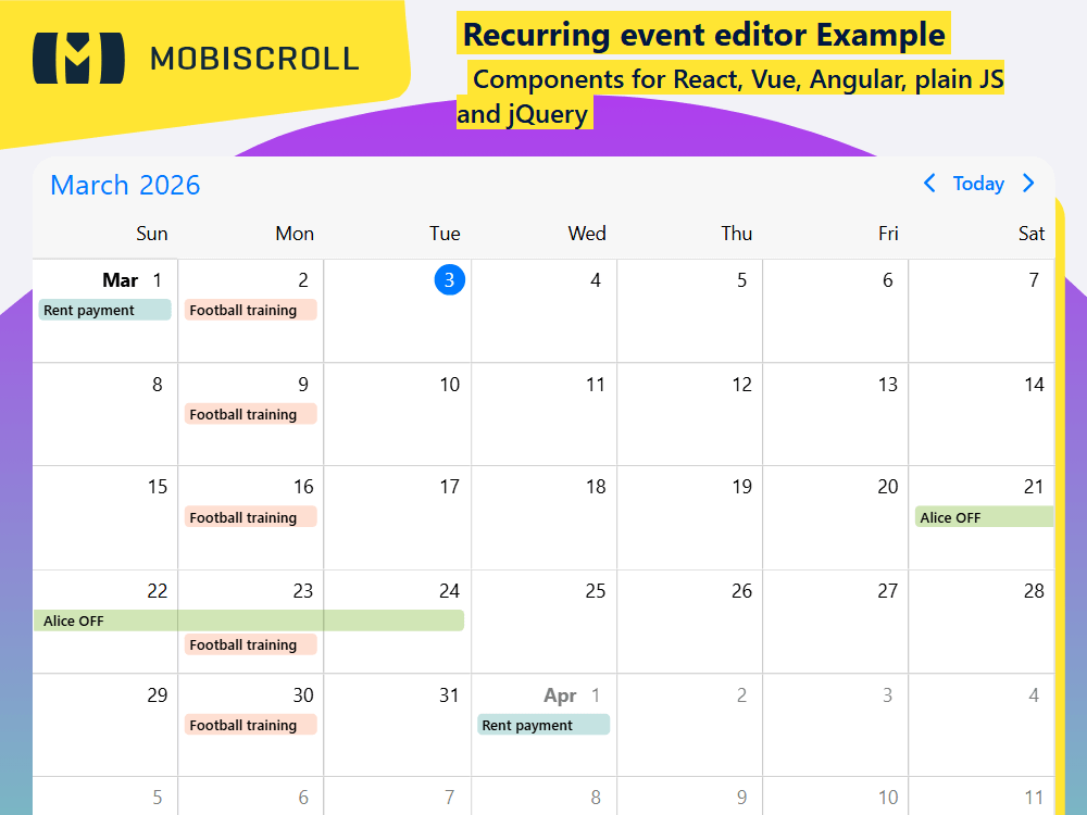 Use the recurring event editor in the Calendar. Add preset recurrence rules or create custom repeating events with flexible repeat options.