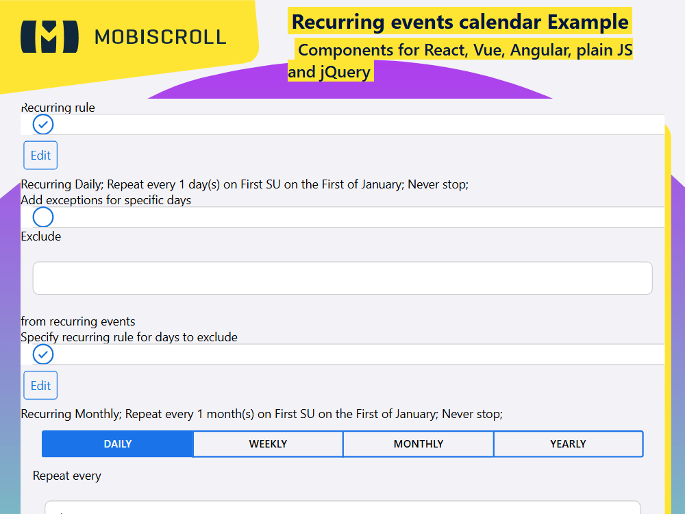 Create recurring events in your Calendar. Use recurrence rules to define daily, weekly, or monthly patterns with flexible control.