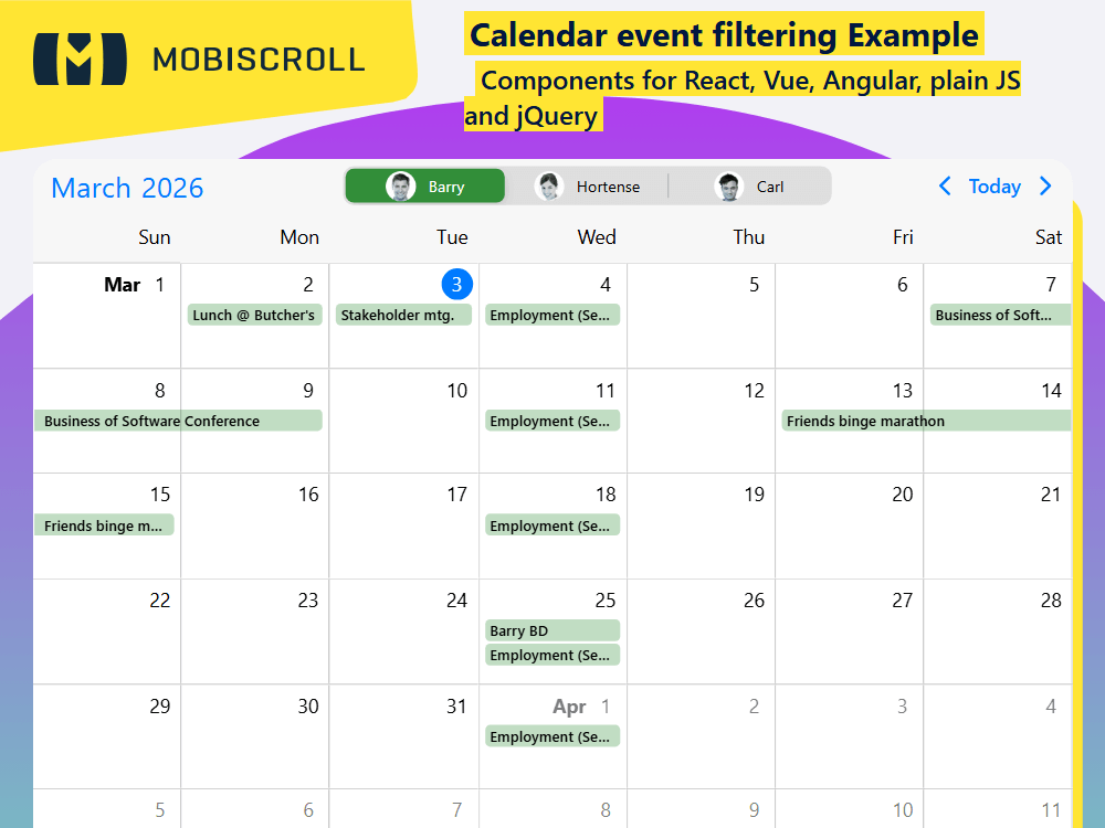 Add in-header filtering to the Calendar. Filter events by assignee or category, and create custom header controls.