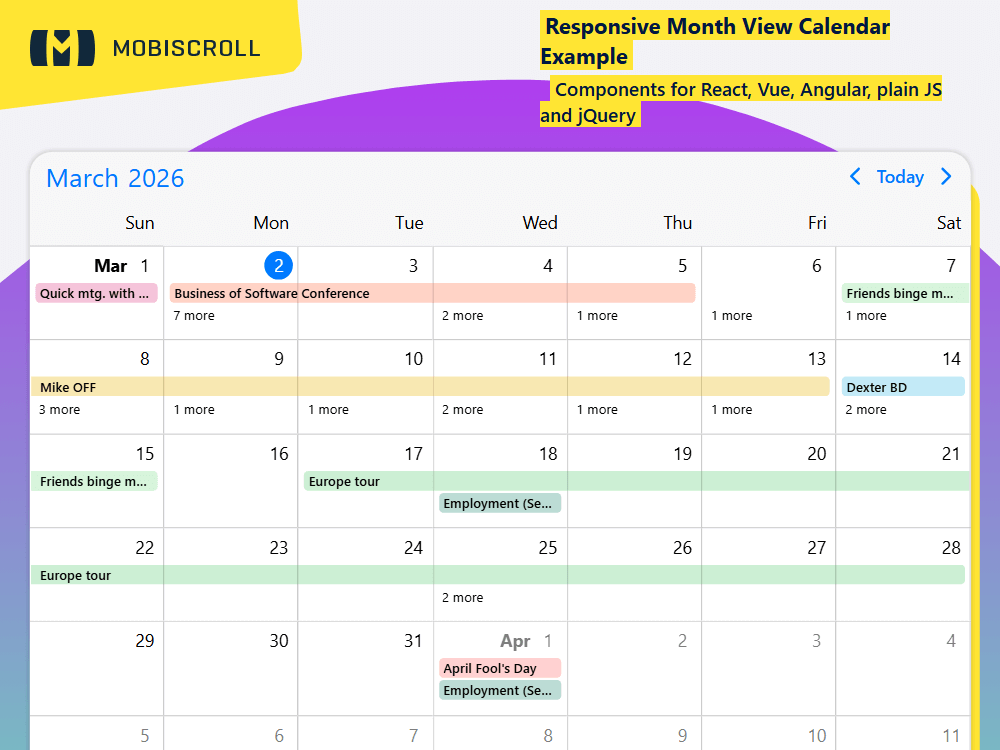 Use the responsive EventCalendar month view to adapt to screen size, fill available space, and control height using options.