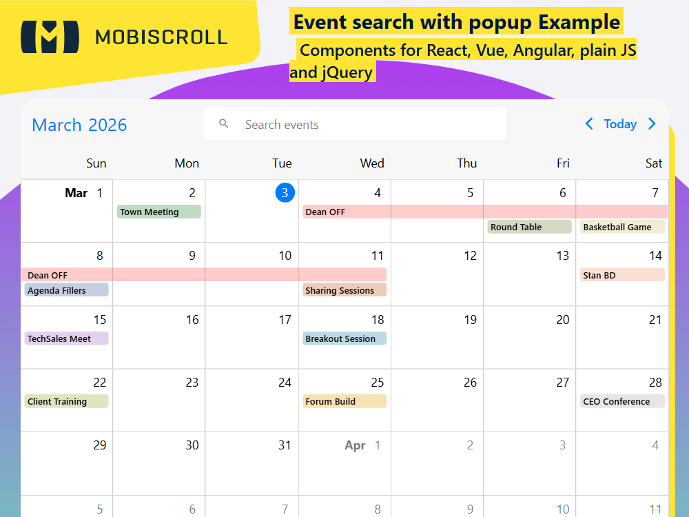 Add in-header search to your Event Calendar. Let users find and filter events quickly through a customizable popup interface.