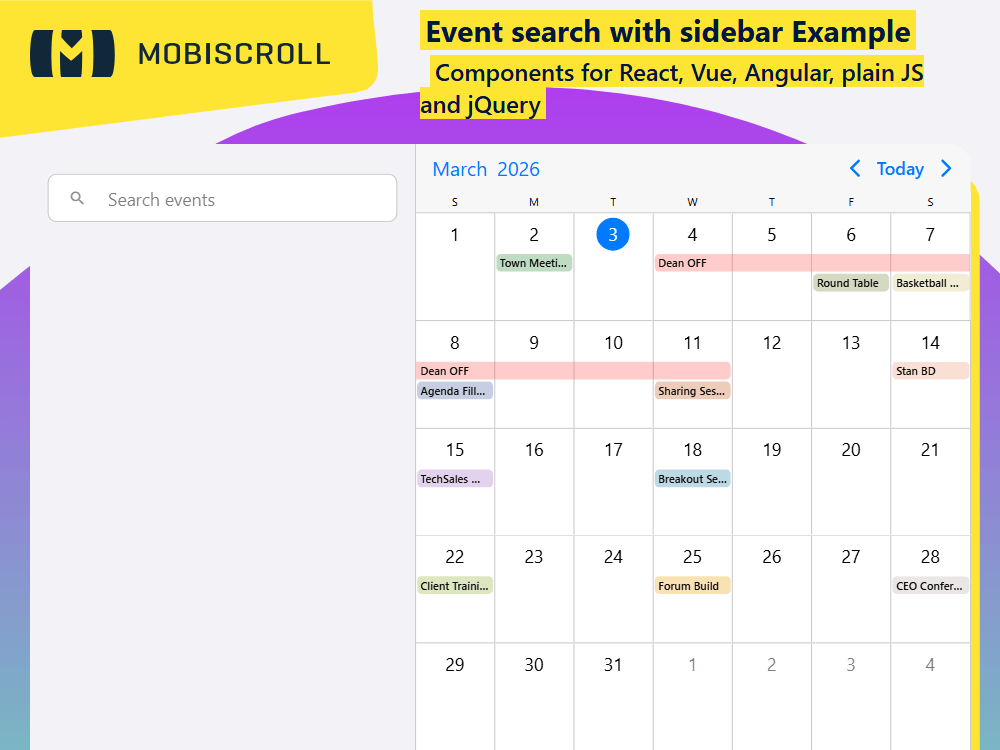 Enable sidebar search in your EventCalendar. Filter events live and browse results in a two-pane layout with inline agenda.