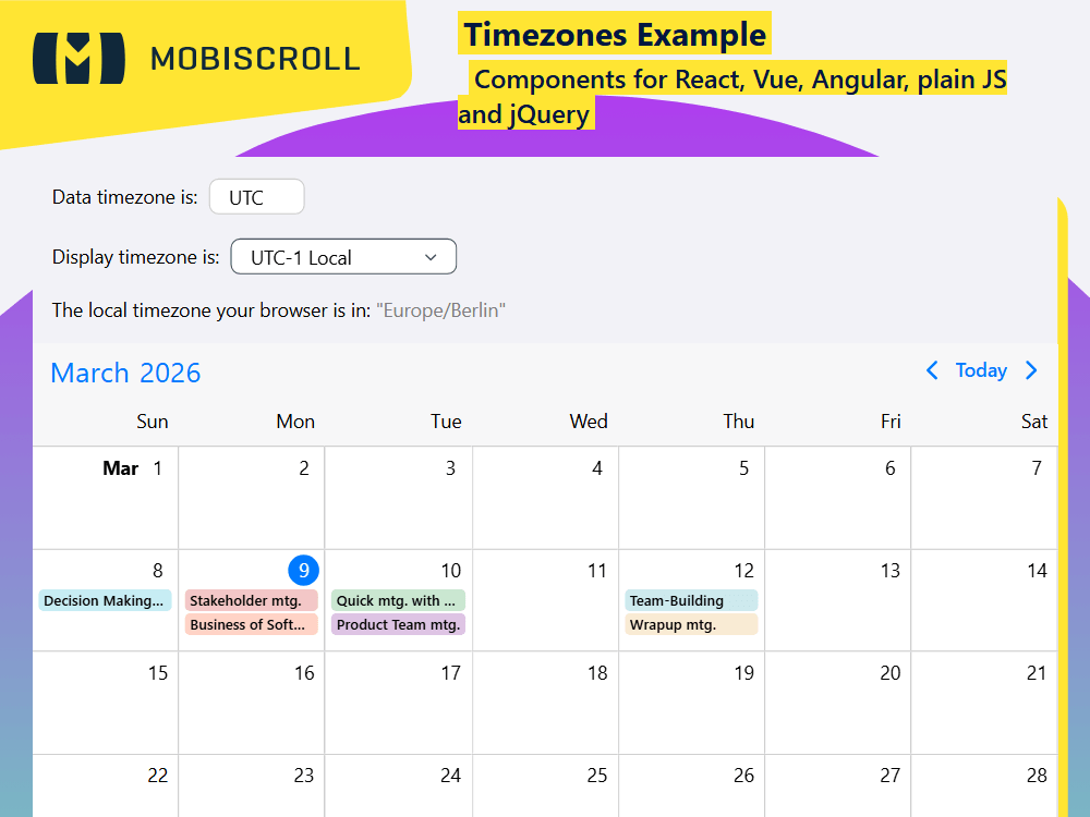 Manage timezones in EventCalendar using dataTimezone and displayTimezone to convert event times with Luxon or moment-timezone.