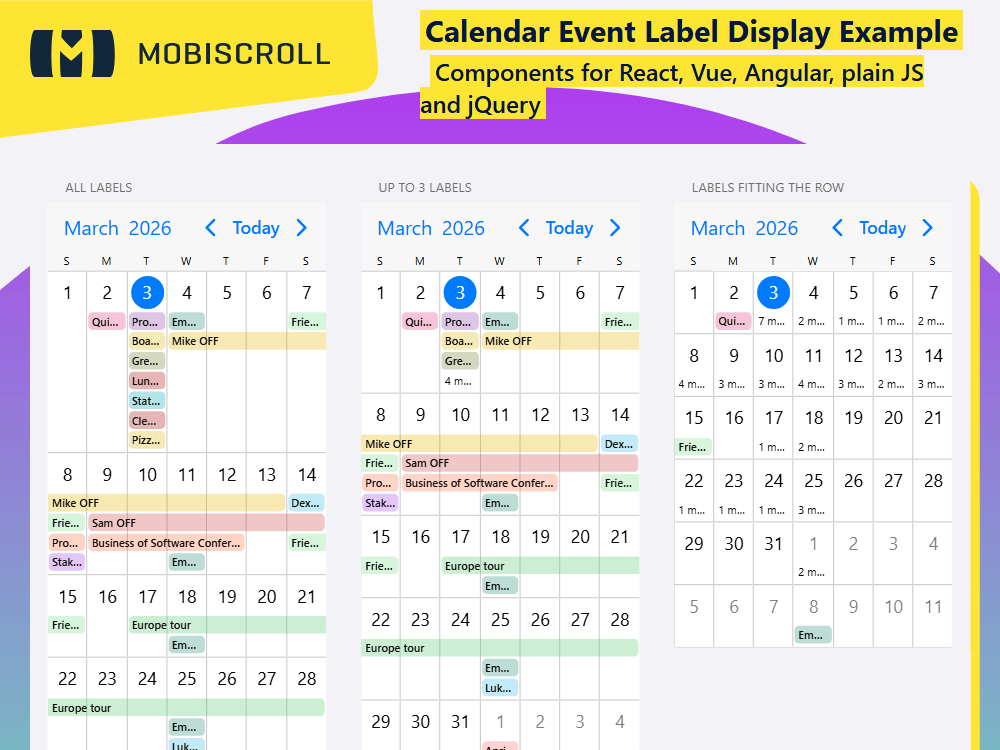 Display event labels in your Calendar using fixed counts or auto-fit layouts for clear, readable schedules.
