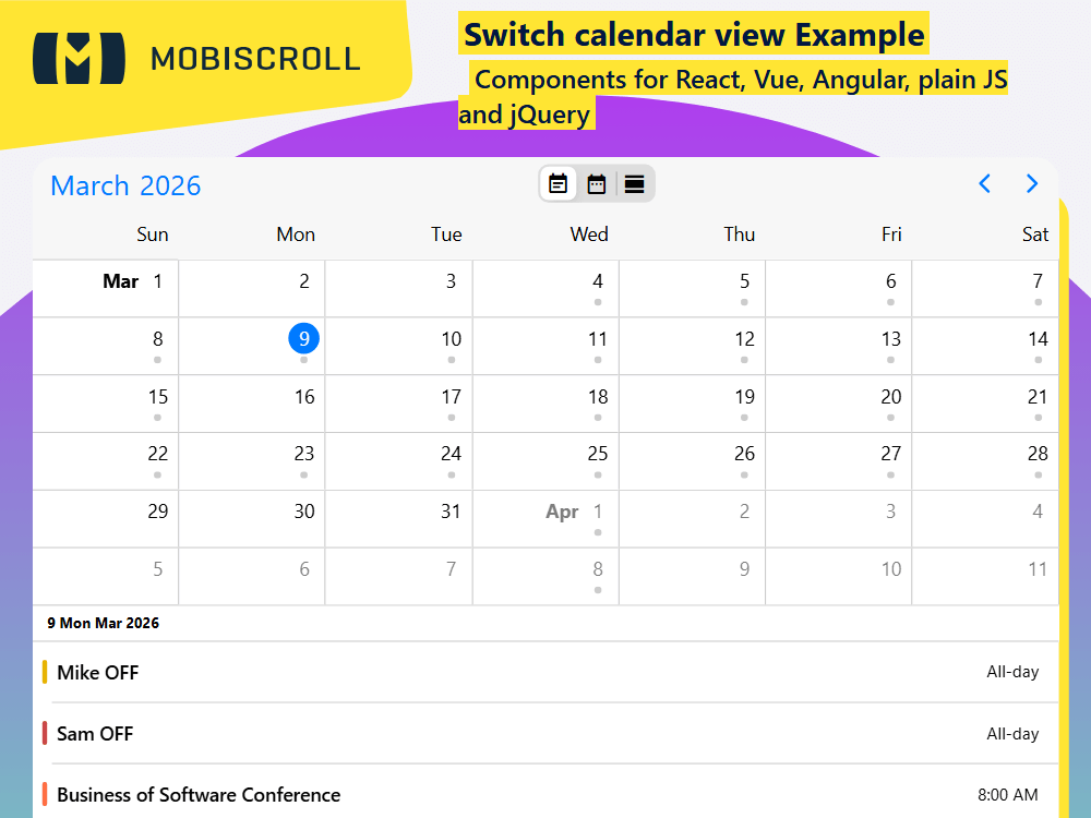 Switch calendar views in EventCalendar between month, week, and day using UI controls or set options for dynamic view changes.
