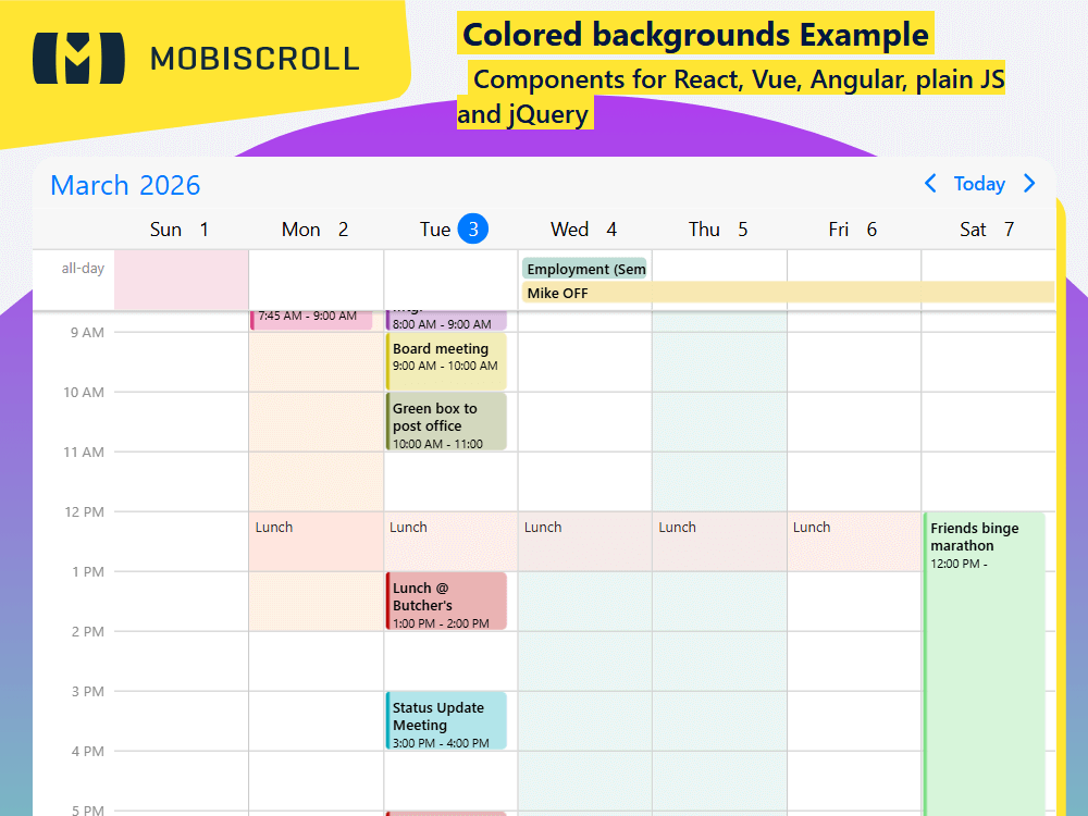 Enhance readability with colored days and time ranges in. Define cell backgrounds dynamically to highlight working hours or special dates.