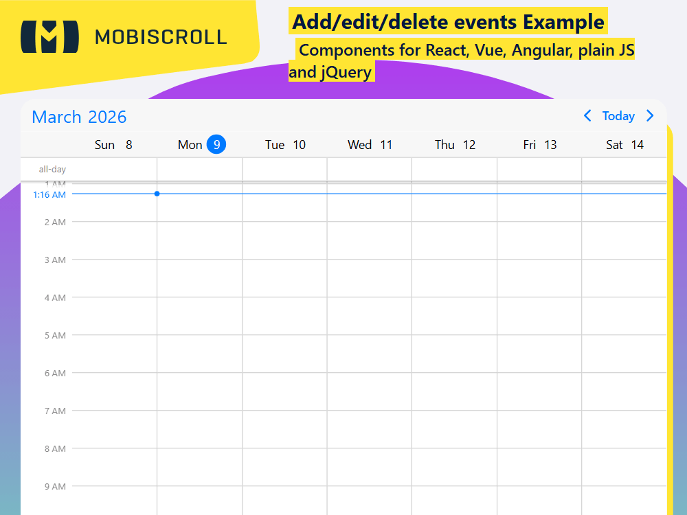 Implement full CRUD logic in. Manage event creation, editing and removal with drag and drop and custom modal components.