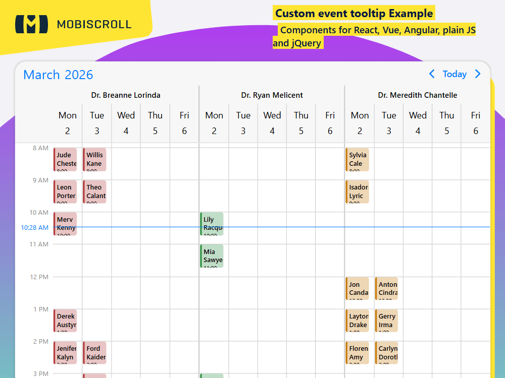 Add contextual insights on hover in your Scheduler. Show custom tooltips with event details and quick actions for smoother scheduling.