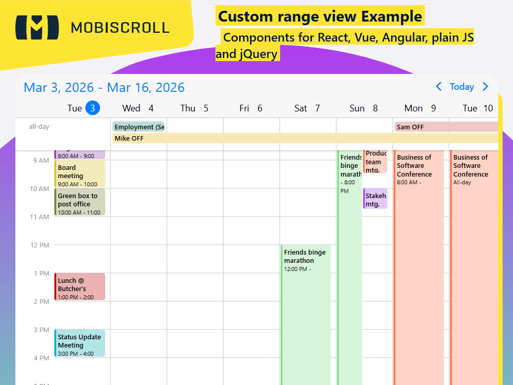 Show a scheduler with a custom date range in. Users pick start and end dates, and the view adapts automatically.