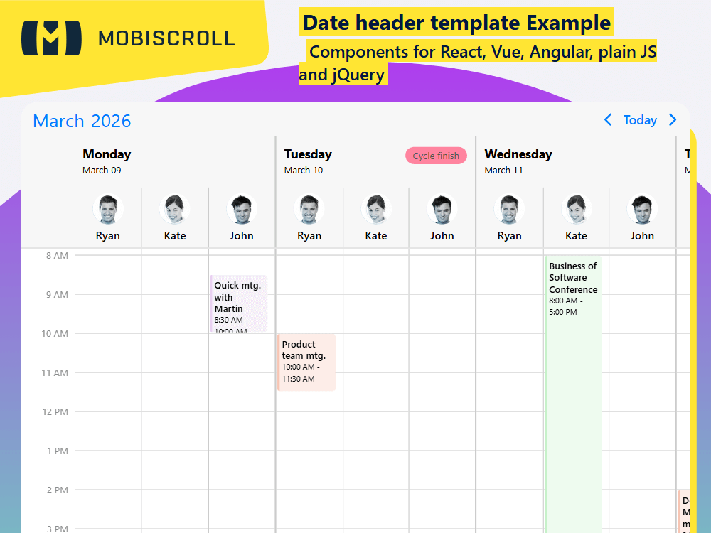 Customize the header of your Scheduler. Create date headers with labels, icons, or extra context to enhance any timeline view.