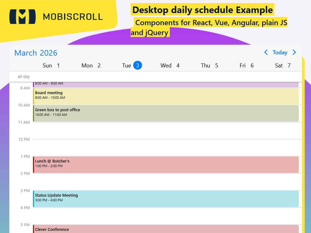 Desktop daily schedule in the Scheduler with a scrollable day view, fixed all-day events, and date navigation via month and year.