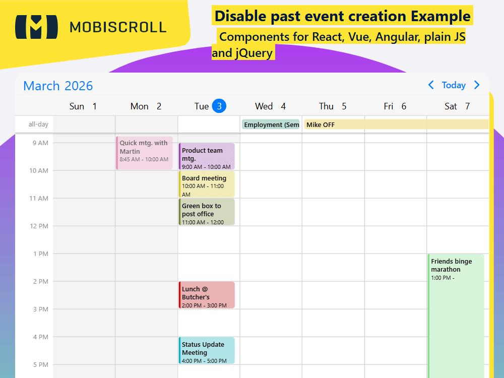 Restrict event creation to future dates. blocks adding or moving events to the past while keeping full navigation available.