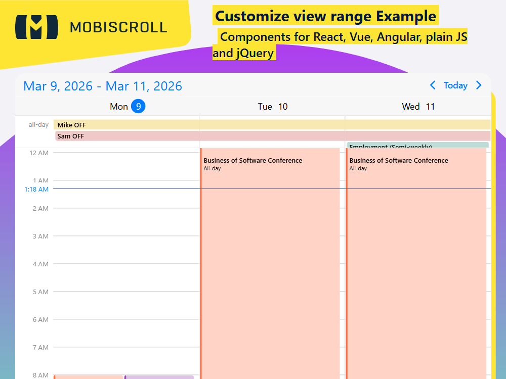 Adapt your Scheduler to span multiple days or weeks. Offer a continuous, scrollable range so users can explore extended timelines easily.