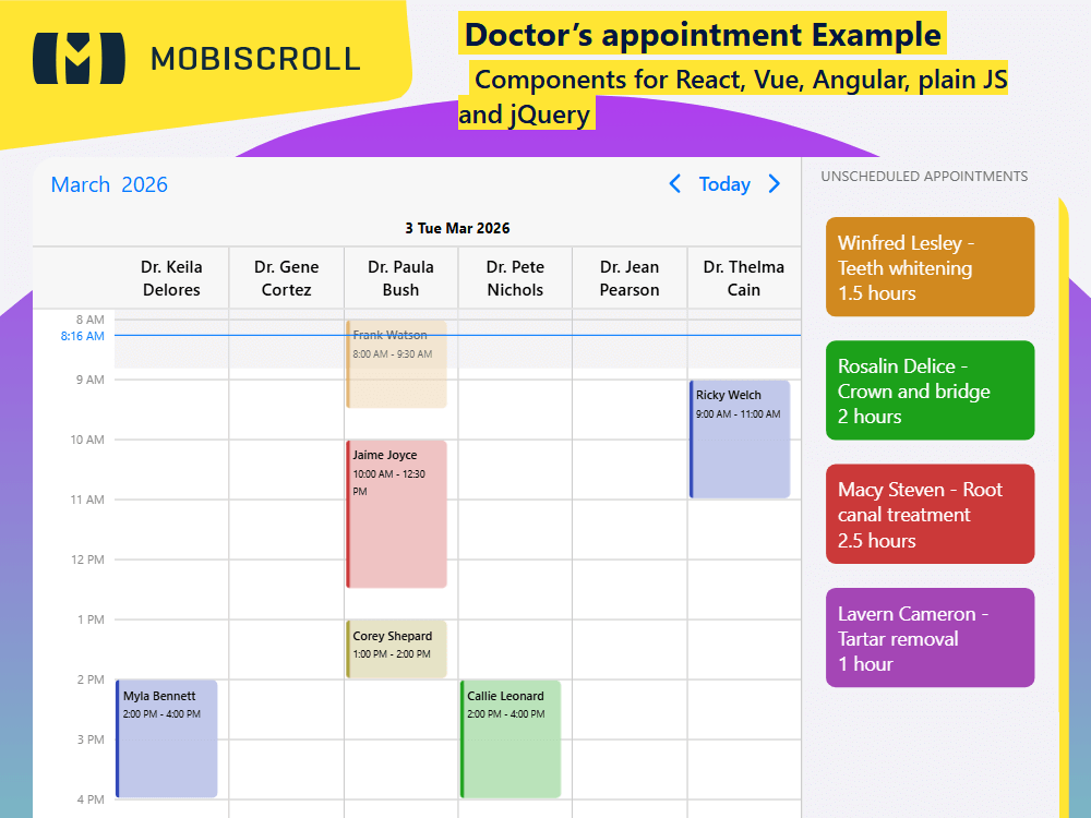 Build a doctor appointment calendar for multiple doctors or rooms.Easily schedule, move, and manage appointments with drag and drop.