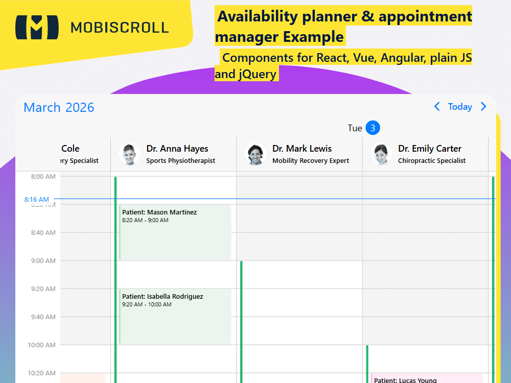 Build a doctor availability planner. Show layered appointments by overlaying patient bookings on doctor availability windows.