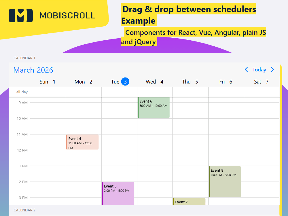 Transfer events easily between calendars. enables seamless drag and drop between schedulers for flexible multi-view coordination.