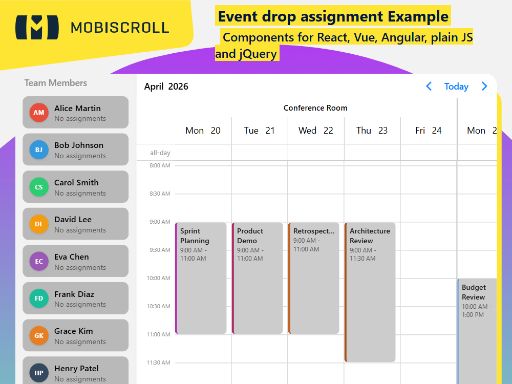 Assign users to events in a scheduler using drag and drop. Turn events into drop targets with conflict validation and feedback.