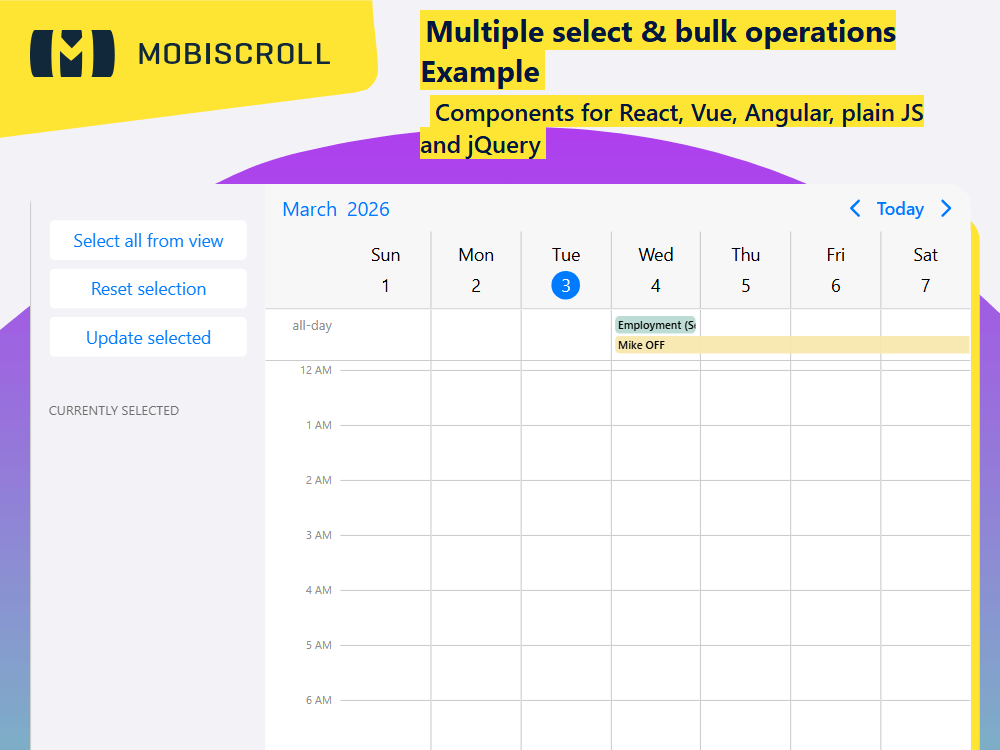 Select and manage multiple events at once. supports bulk updates and deletions through buttons or context menu actions.