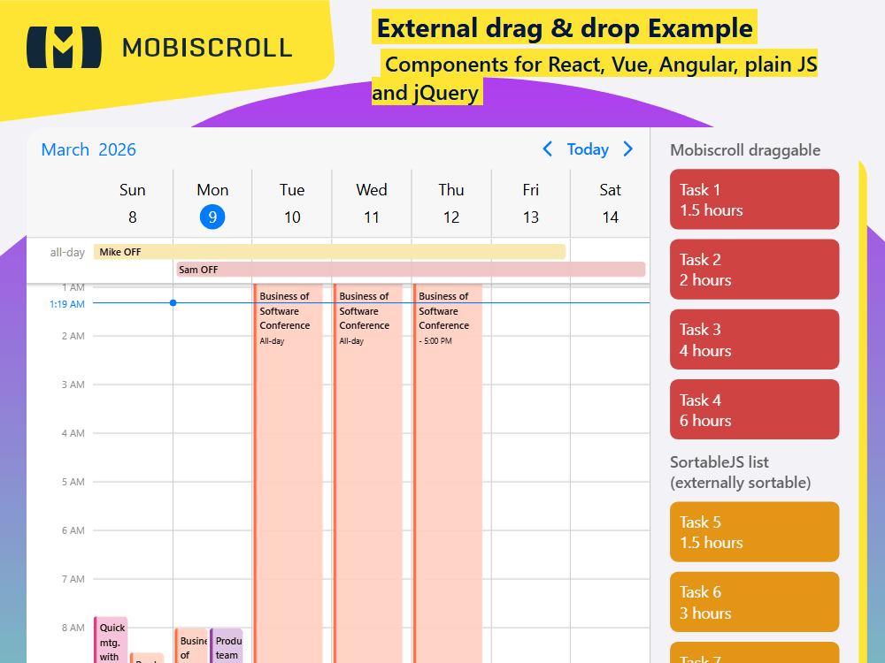Connect external lists to your Scheduler. Drag and drop items to schedule or remove them while keeping data synced across views.