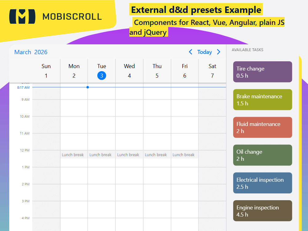 Add ready-made tasks to your scheduler. lets users drag preset jobs into the calendar to quickly create or schedule events.
