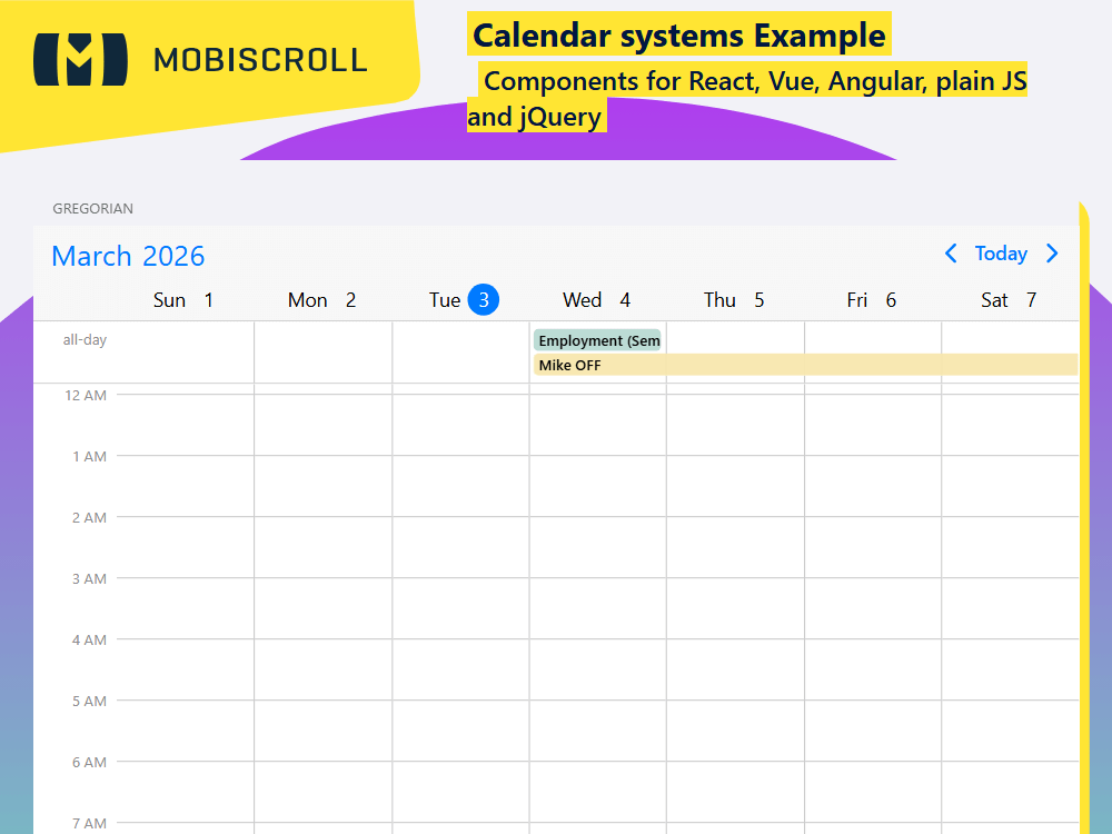 Support multiple calendar systems with. Use Gregorian, Hijri or Jalali formats with automatic locale and language adaptation.