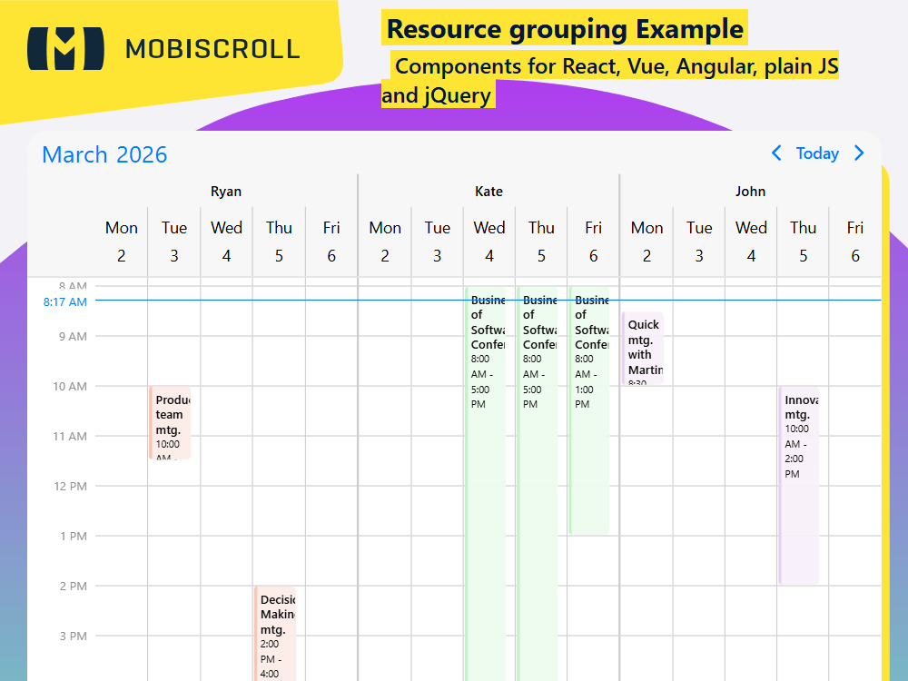 Organize events exactly how you need. supports grouping by resource or date for flexible daily and weekly scheduling.