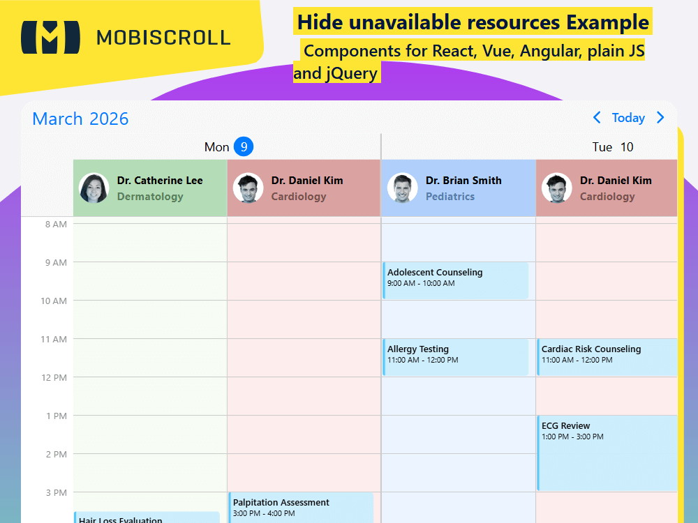 Hide resources when they are not available. automatically removes non-working or invalid columns from your scheduler for a cleaner view.