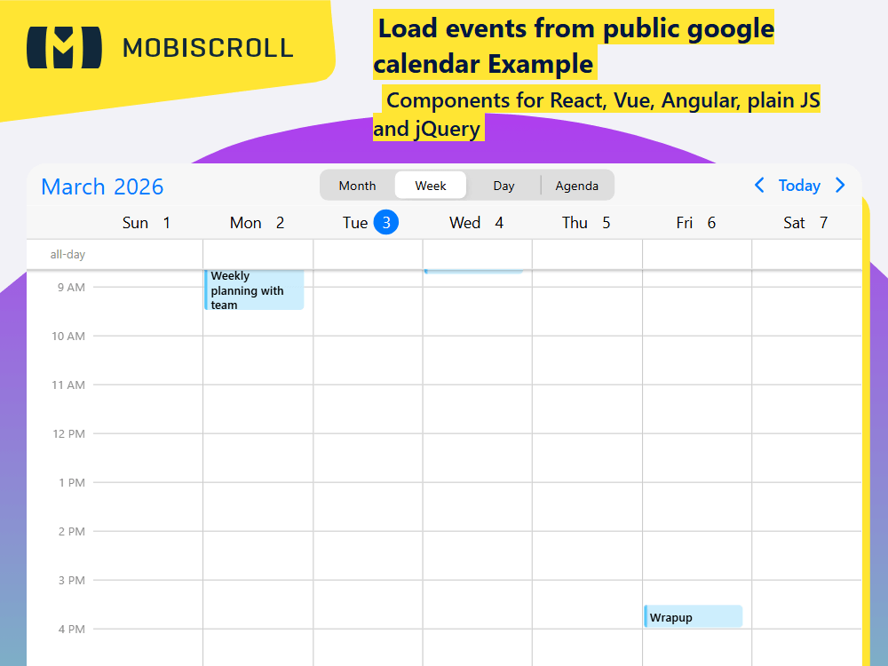 Load events from a public Google Calendar and show them in. Display live event data on your website with seamless integration.