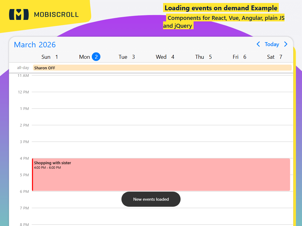 Improve performance by loading events on demand. fetches data dynamically as users navigate between months or views.