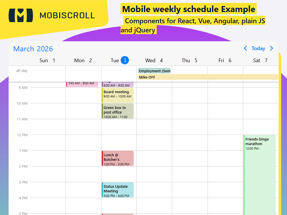 Build a mobile weekly schedule with the Scheduler. Adapt layouts for any screen size and drag & drop events with full-week visibility.