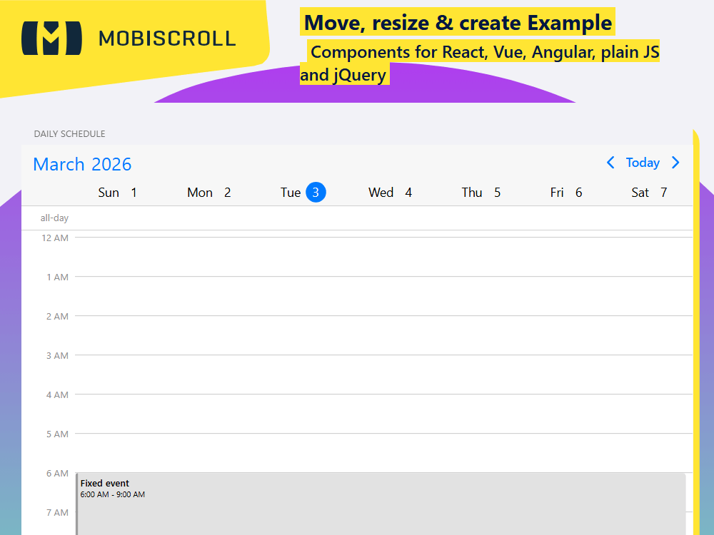Interact naturally with your Scheduler. Use drag and drop to create, move, or resize events with smooth control and adjustable sensitivity.