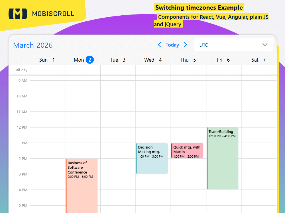 Let users view schedules in their local time. includes a timezone picker that converts UTC events instantly without needing a page reload.
