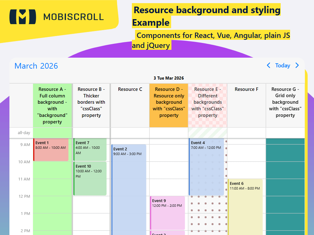Highlight resource columns in using CSS classes. Add color backgrounds or patterns to make schedules easy to scan.