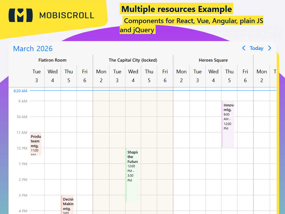 Add multi-resource scheduling to your Scheduler. Define people, rooms, or equipment and display their events side by side in one view.