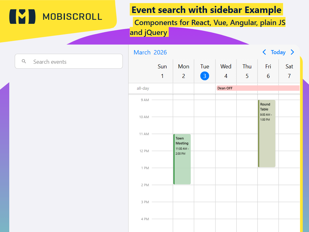 Combine event search and scheduling in one view. offers a two-pane layout with a sidebar for fast event filtering and management.