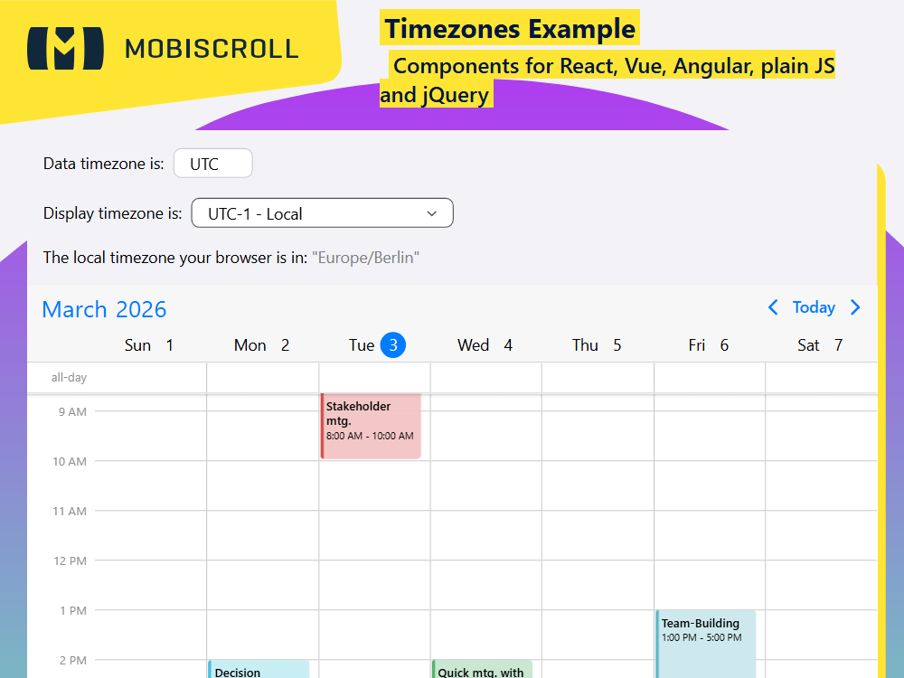 Set separate timezones for data and display in your Calendar. Convert events between user locations and keep timing consistent.